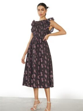 Glamorous Black Midi Dress with Pink Floral Print